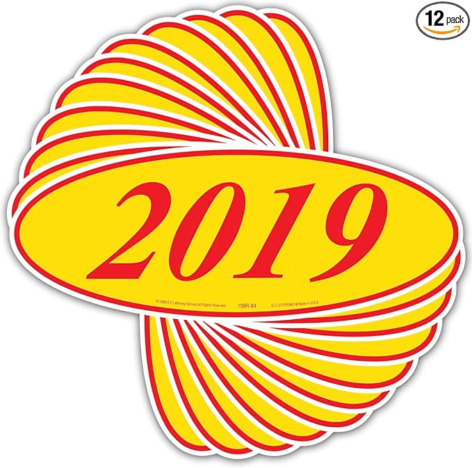 EZ-Line Oval Model Windshield Year Stickers for Car Windows Red and Yellow Large Vinyl Dealership Supplies 1 Dozen Pro Pack (2019)