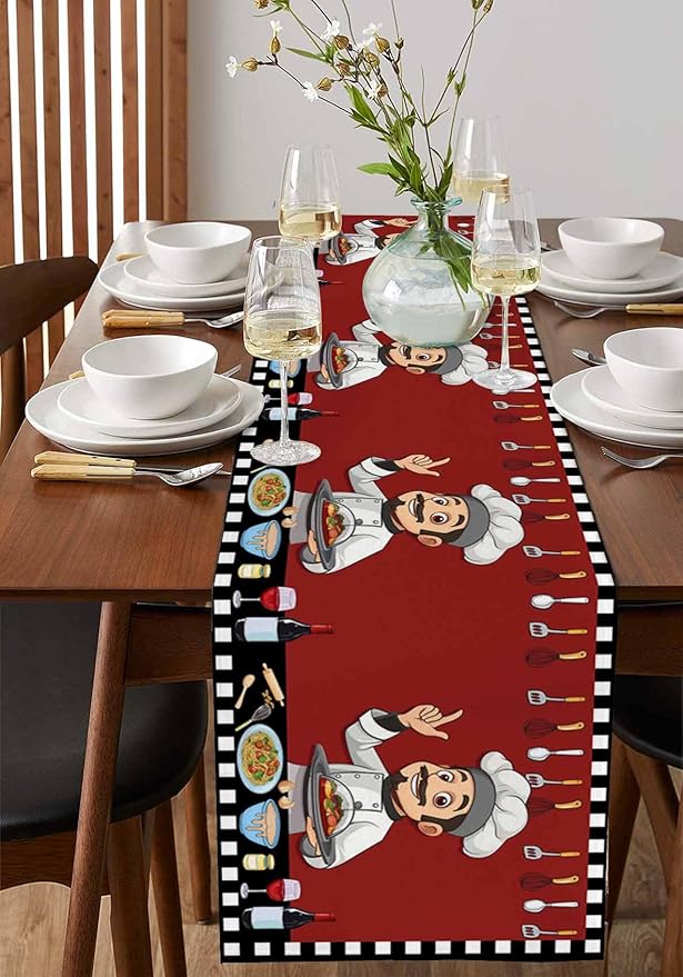 Red Chef Gourmet Cotton Linen Table Runner for Dining Kitchen, Wedding Outdoor Party Tablerunners Decoration, Black White Check Plaid Funny Kitchen Dresser Scarf Coffee Tablecloth Runners 13x90 Inches