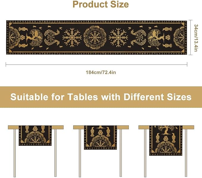 Viking Tree of Life Abstract Table Runner for Living Room Home Party Coffee Dining Party Wedding Golden Black Celtic Style Geometric Dragon Boat Rudder Ancient Script Table Runner 13x90 Inch