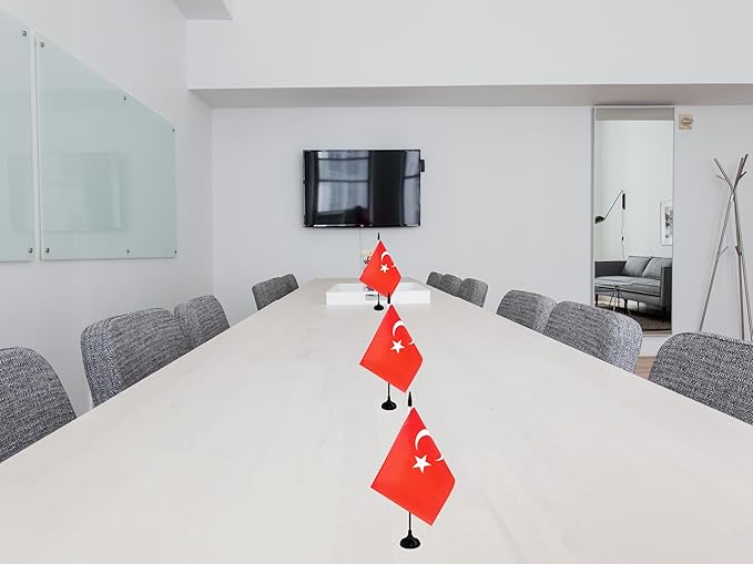 Turkey Desk Flag, 12 Pack Turkish Table Office Flag with Black Solid Pole and Stand Base, International Country Flag, Festival Celebration, Classroom Meeting Desktop Decor (Turkey)