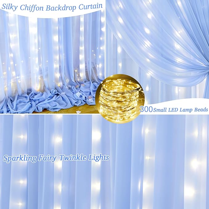 10x10ft Light Blue Chiffon Backdrop Curtain with Lights for Baby Shower Birthday Party, Sky Blue Curtain Backdrop with Lights for Wedding Parties Photo Shoot (5 x 10ft,2 Panels)