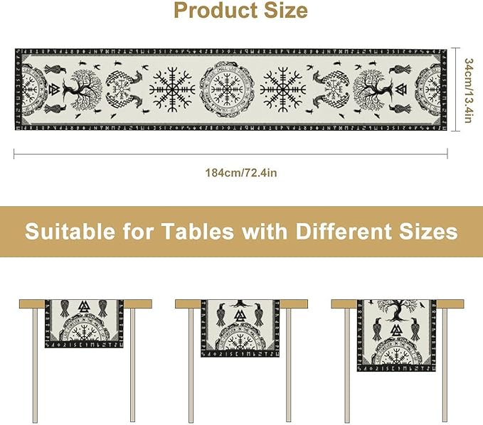 Ancient Abstract Pattern Table Runner, Tree of Life Eagle Dragon Boat Rudder Black and White Table Runner for Party Kitchen Dinner Cafe Bedroom Living Room Outdoor Table Runner 13x120 Inch