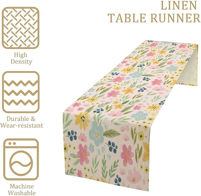 Floral Table Runner, Boho Style Watercolor Flower Green Leaf Plant Rectangle Table Decoration for Dining, Party, Holiday,13in（33cm） W * 120in（305cm） L