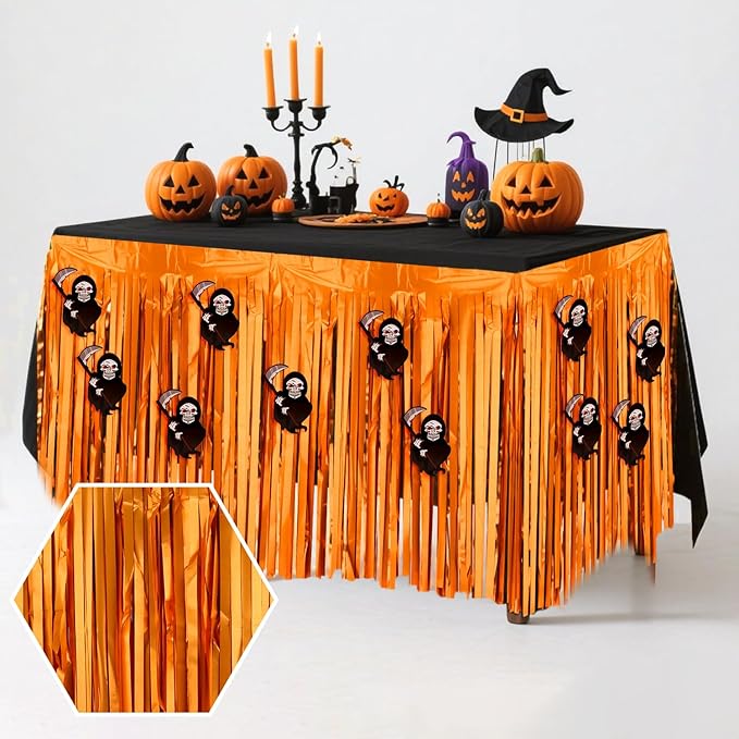 28x106 Inch Orange Sequin Tablecloth for Halloween Decorations, Metallic Tinsel Foil Fringe Table Skirt, Rectangle or Round Tables Decor, Table Cover, Skull Decorations for Halloween Party