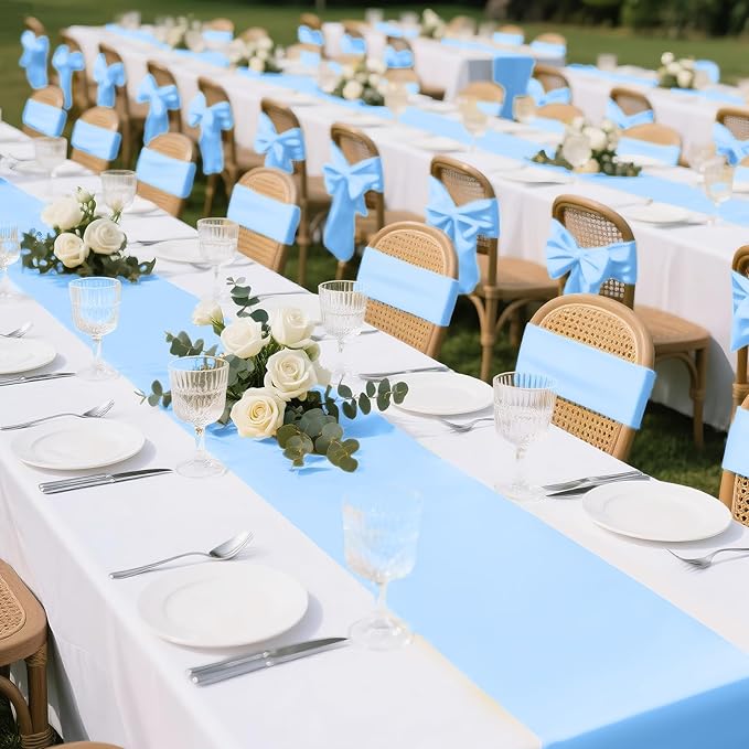 SHEJIZE 2 Pack Light Blue Satin Table Runner 12x108 Inches Long, Bright Silky Smooth Satin Table Runner Table Decor for Wedding Banquet Christmas Prom Event Birthday Party
