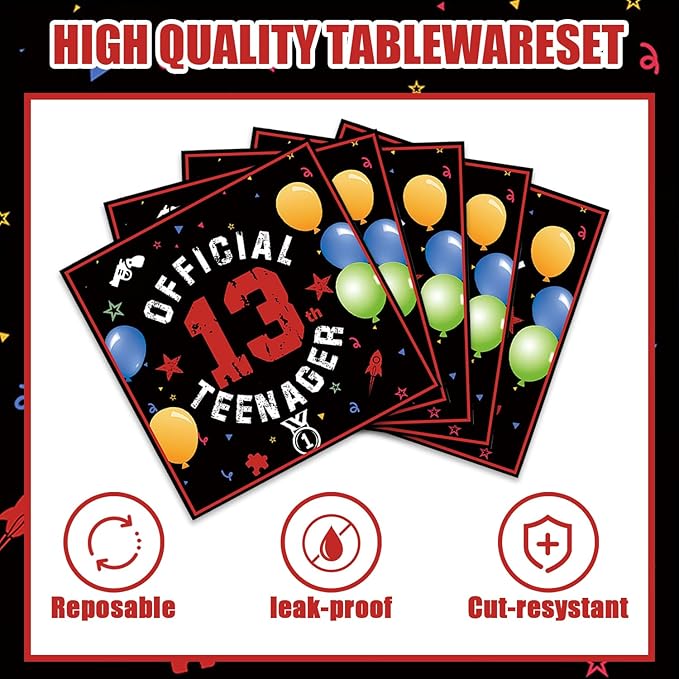 40Pcs 13th Birthday Decorations Officially a Teenager Party Decorations for Boys 13th Birthday Plates and Napkins, Suitable for 20 Guests