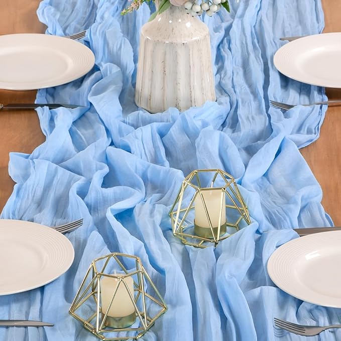 MLMW 6 Pack Light Blue Cheesecloth Table Runner Boho Gauze Rustic Cheese Cloth 160 inch Sheer Baby Blue Coastal Table Runner 13.3ft for Wedding Party Baby Bridal Shower Birthday