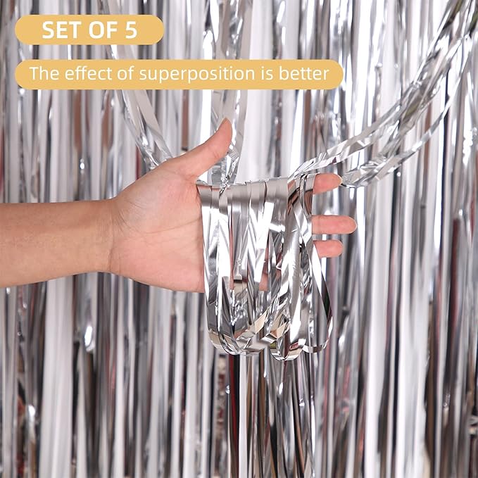 5 Pack Silver Fringe Backdrop 3.2ft x 8.2ft Silver Foil Fringe Curtains Party Tinsel Curtain Backdrop Streamers for Birthday Party Decoration Wedding Christmas Decoration (Silver)