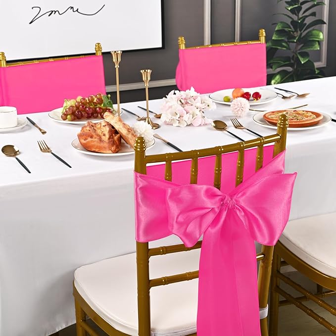 60 PCS Hot Pink Satin Chair Sashes Bows Universal Chair Cover for Wedding Reception Restaurant Event Decoration Banquet,Party,Hotel Event Decorations (7 x 108 inch)