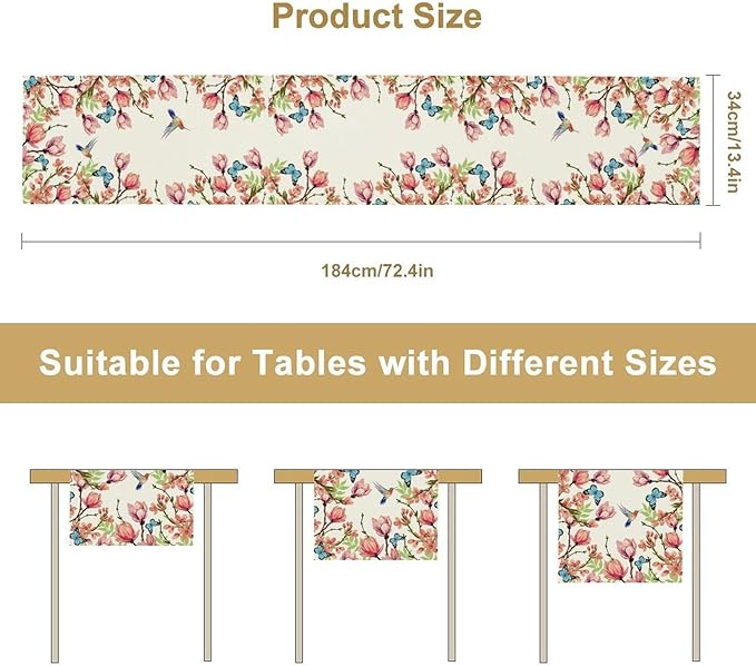 Flowers Table Runner,Floral Bird Butterfly Spring Table Cloth Kitchen Dining Table Home Party Decoration 13x90 Inch