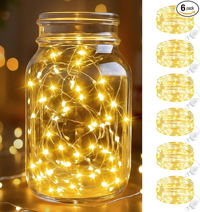 btfarm 6 Pack Fairy Lights Battery Operated, 7FT 20 LED Mini String Lights Waterproof Silver Wire for Mason Jars Centerpiece Table Crafts Bedroom Christmas Decoration, Warm White