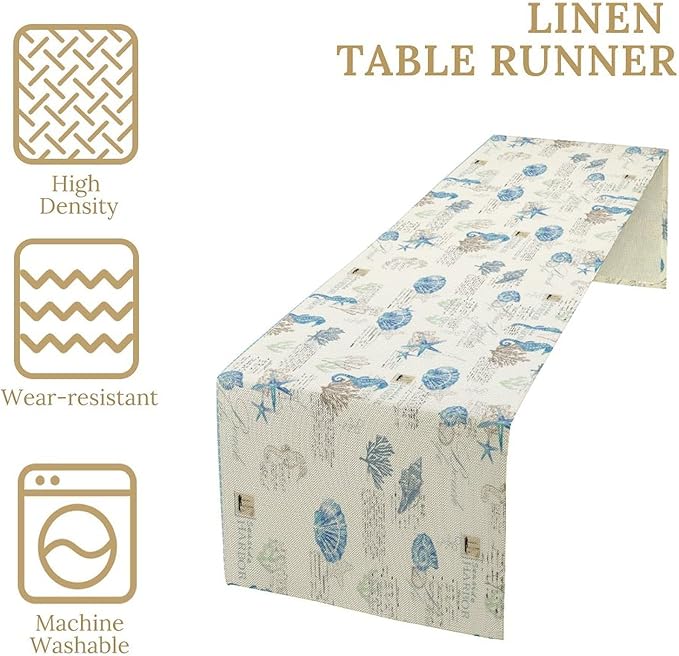 Starfish Table Runner,Vintage Nautical Seashell Tropical Beach Theme Coastal Ocean Sea Burlap for Hotel Indoors Outdoor Dining Room Kitchen Tablecloth, 13x90in