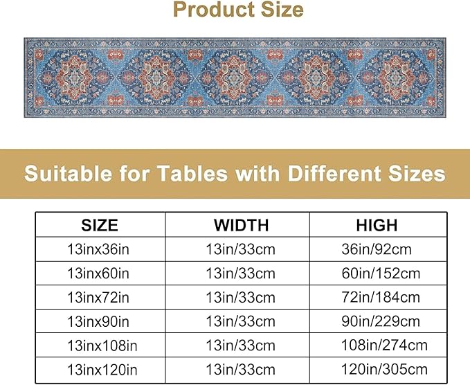 Boho Floral Vintage Table Runner, Retro Abstract Blue Flower Rustic Country Farmhouse Pattern for Home Kitchen Table Decor Dining Coffee Room Party Decor 13x108in