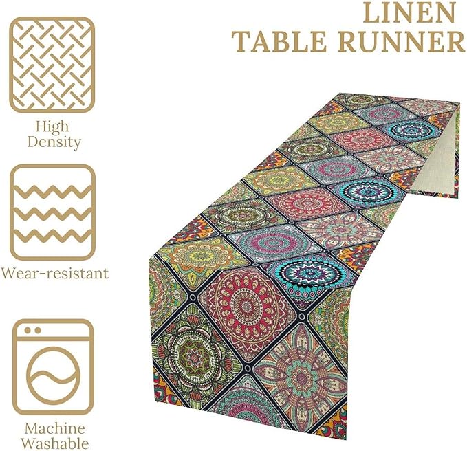 Boho Bohemian Table Runner, Vintage Indian Floral Print Table Cover for Farmhouse Kitchen Dining Table Decor Holiday Party, 13x36inch