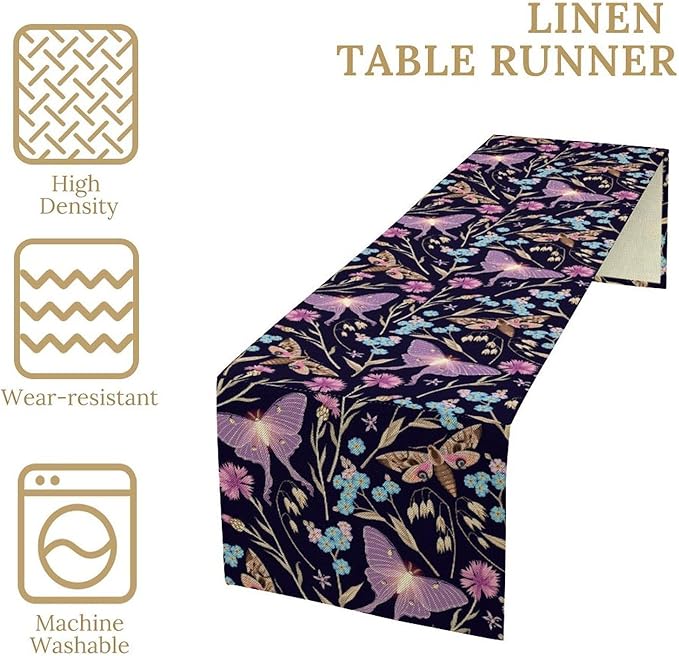 Moth Table Runner, Boho Aesthetic Moth Magic Table Runner for Home Kitchen Dining Party Indoor Outdoor Decoration 13x120 Inch