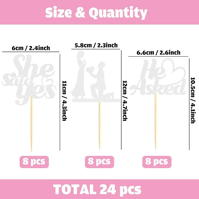 Sotpot 24PCS He Asked She Said Yes Cupcake Toppers With Heart Silver Glitter for Wedding Bridal Shower Wedding Engagement Party Cake Decorations