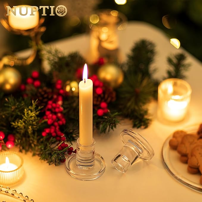 NUPTIO Glass Candle Stick Holder: Set of 10 Clear Small Taper Candlestick Holders for Tapered Candles Bulk Crystal Short Tapers Candlesticks Candleholder for Dining Table Fireplace Mantle Decor