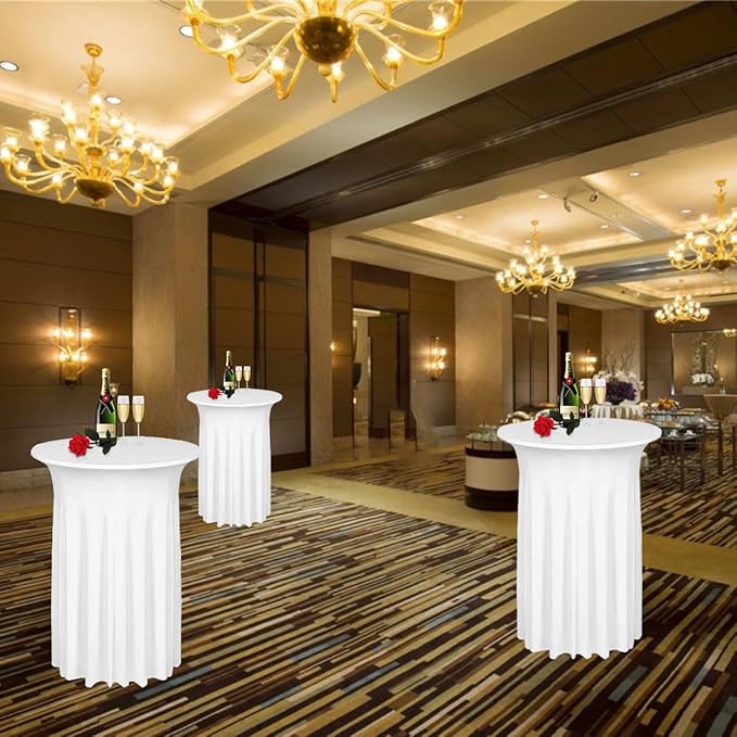 Albassa 2 Pack Cocktail Table Covers 32"x 43" Spandex Stretch Round Cocktail Tablecloths with Wavy Drapes Fitted High Top Bar Table Skirt for Wedding Party Banquet (White, 2 PCS)