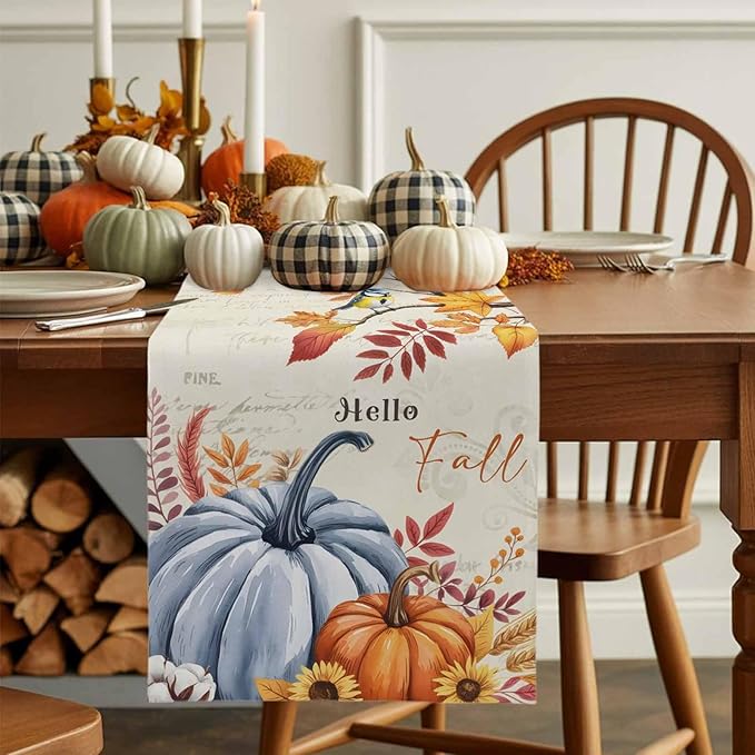 Thanksgiving Fall Cotton Linen Table Runner for Dining Kitchen, Blue Pumpkins Rustic Wedding Outdoor Party Autumn Tablerunners Decoration, Leaves Dresser Scarf Coffee Tablecloth Runners 13x120 Inches