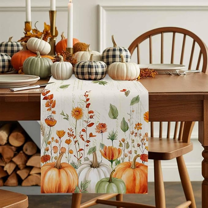 Fall Wildflowers Cotton Linen Table Runner for Dining Kitchen, Thanksgiving Pumpkin Outdoor Party Rustic Tablerunners Decoration, Botanical Floral Vintage Dresser Scarf Tablecloth Runners 13x72 Inches