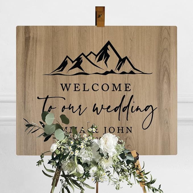 Andaz Press Large Wooden Welcome Sign for Wedding, Rustic Welcome Sign 16" x 20" Custom Names Mountain Woodland Wedding Signage English Oak MDF Wood Finish Wedding Reception Indoor Outdoor Signs