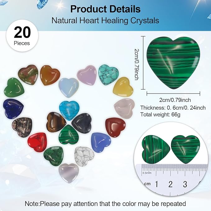 Rose Quartz Crystals,Virekm 20PCS Heart Healing Crystals Amethyst Heart Love Stones Set Palm Thumb Gemstones Chakra Reiki Balancing Gifts for Men Women (Colorful - 20 PCS)