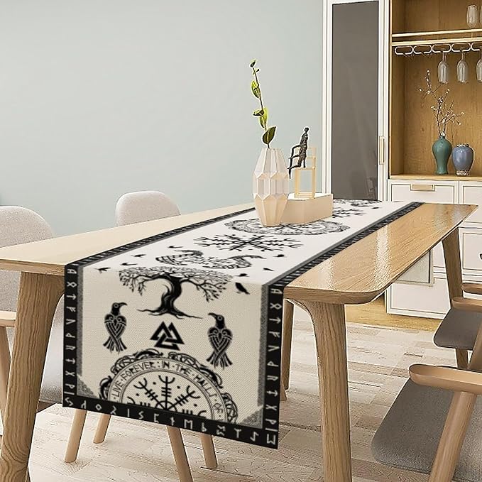 Ancient Abstract Pattern Table Runner, Tree of Life Eagle Dragon Boat Rudder Black and White Table Runner 13x60 Inch