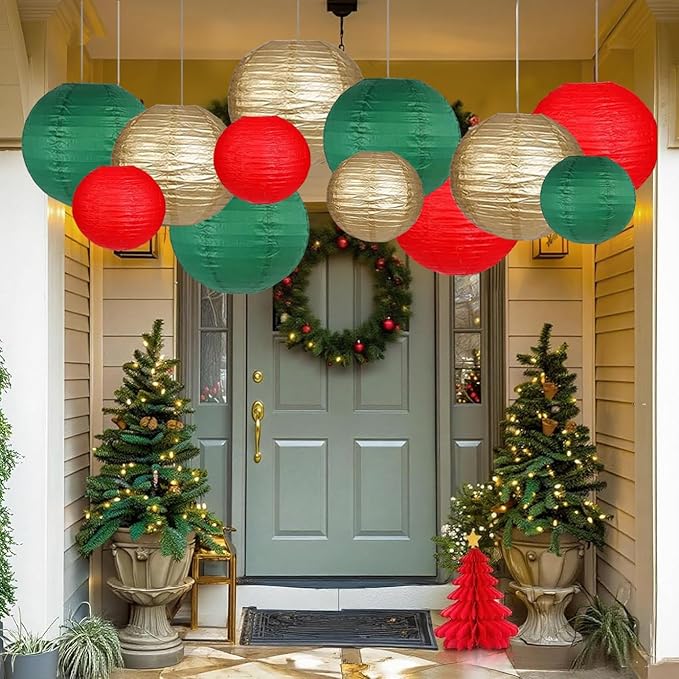 Green Red Paper Lanterns Decorative 12pcs Christmas Hanging Decorations for Graduation Anniversary Birthday Party