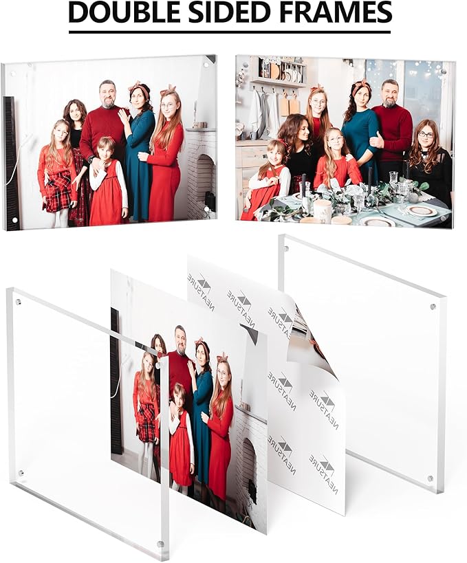 6x8 Acrylic Picture Frame 3 Pack, Clear Freestanding Double Sided Frameless Magnetic Photo Frames, Desktop Display Decor Gift