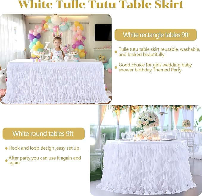 Partisky White Tulle Curly Willow Table Skirt for Rectangle Table 9ft, Ruffle Tutu Table Cloth for Wedding,Bridal Shower, Baby Shower,Birthday Party