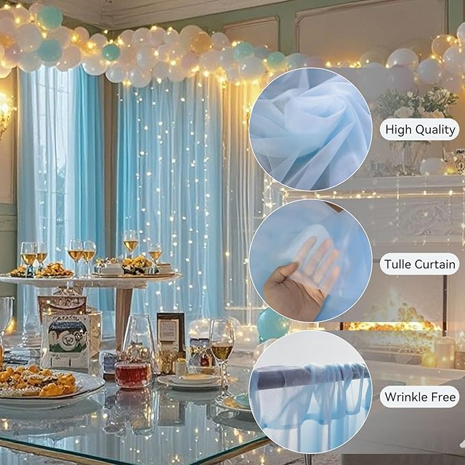 10×10ft Tulle Backdrop Curtains with Lights String - 300LED Fairy Lights Sheer Curtain Backdrop for Weddings Baby Shower and Birthday Party Decorations(8 Panels 5×10ft)