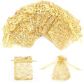 Staruby Organza Gift Bag 100Pcs Gold Sheer Organza Bag Mesh Favor Bags Drawstring Jewelry Rattan Printed Gift Pouches for Wedding Party Favors Couple Shower Christmas Gifts Candy Bags (3x4 Inches)