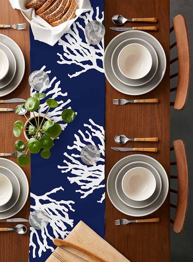 Coastal Coral Cotton Linen Table Runner for Dining Kitchen, Wedding Outdoor Party Tablerunners Decoration, Navy Blue Nautical Ocean Beach Dresser Scarf Coffee Tablecloth Runners 13x108 Inches