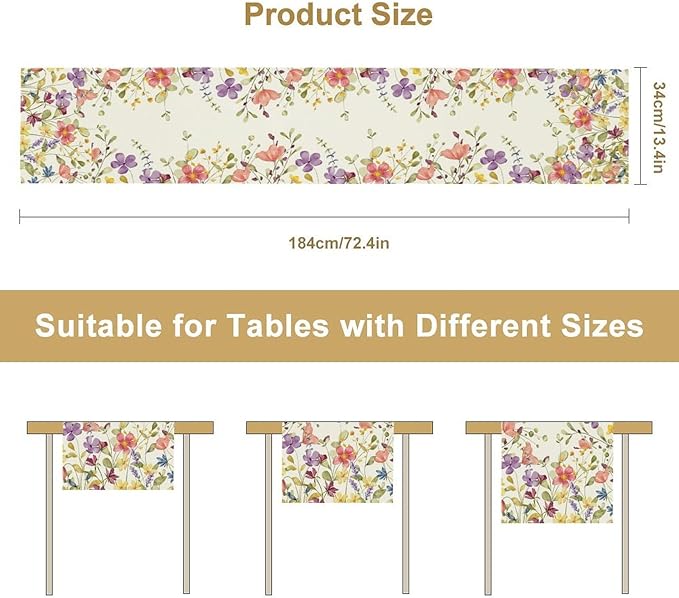 Floral Table Runner,Flowers Plant Print Spring Table Runner for Kitchen Dining Table Decoration for Home Party Decor 13x90 Inch
