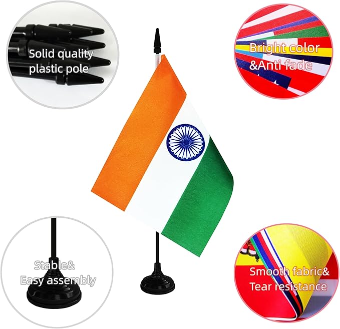 India Desk Flag, 12 Pack Indian Table Office Flag with Black Solid Pole and Stand Base, International Country Flag, Festival Celebration, Classroom Meeting Desktop Decor (India)