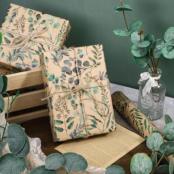 RUSPEPA Eucalyptus Leaf Gift Wrapping Paper, 17 Inches x 32.8 Feet, Mini Roll, Kraft Wrapping Paper Roll for Women, Spring, Summer, Wedding and Birthday