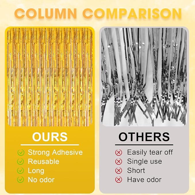 2 Pack Laser Gold Foil Fringe Backdrop Curtains, Tinsel Streamers Birthday Party Decorations, Fringe Backdrop for Graduation, Baby Shower, Gender Reveal, Disco Party