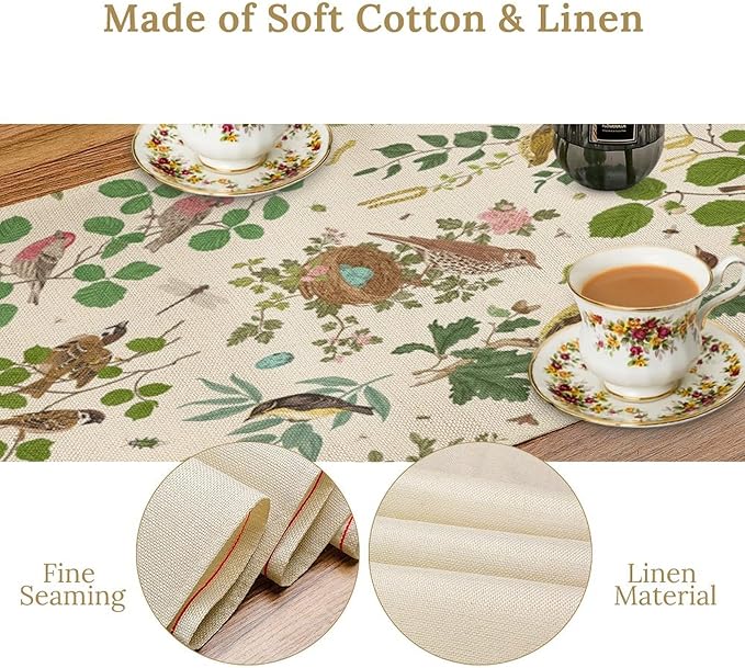 Vintage Bird Flower Table Runner Seasonal Spring Summer Garden Plants Farmhouse Country Kitchen Dining Table Decoration for Home Party Holiday 13"x60"