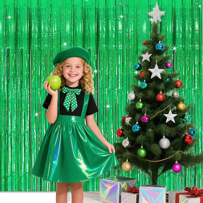 10 Pack Green Streamers Metallic Foil Fringe Curtain Backdrop for St Patrick's Day Birthday Christmas Dinosaur Animal Football Theme Party Decorations
