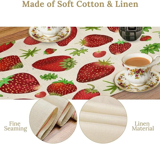 Strawberry Table Runner Spring Summer Fruit Wild Berry Forest Garden Dinner Runner for Girl Baby Shower Party Holiday Home Kitchen Dining Table Decor 13x90