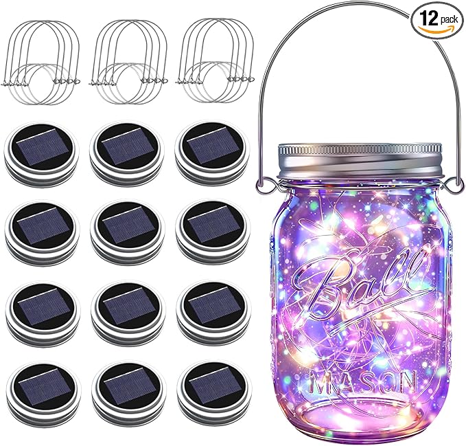 Solar Mason Jar Lights [Upgraded], 12 Pack 30 LED Firefly Fairy String Lights, Waterproof Outdoor Solar Mason Jar Lid Lights with Hangers(NO JARS) for Patio Garden Yard Wedding Decoration - Multicolor