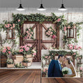 20x10ft Country Wedding Photography Backdrop Floral Rustic Roses Farmhouse Wooden Door Backdrop Pink Flower Birthday Baby Shower Wedding Bridal Party Banner Photo Booth Props Anniversary Background