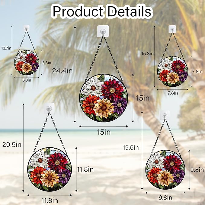 Stained Glass Window Hanging, Colorful Flowers Sun Catcher for Window Door Home Decor Plant Suncatcher Christmas Mother's Day Birthday Gifts for Women Men Mom and Nana 11.8 in