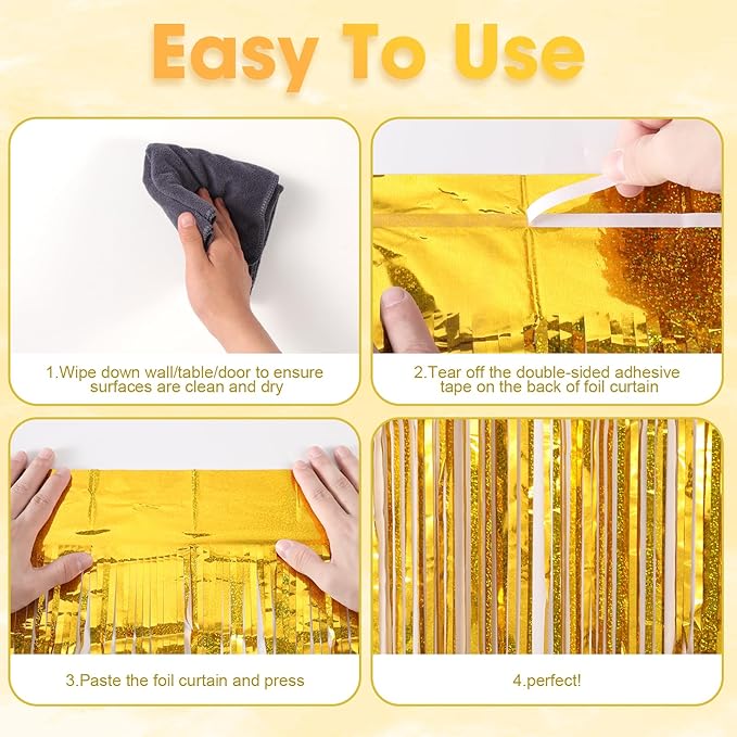 2 Pack Laser Gold Foil Fringe Backdrop Curtains, Tinsel Streamers Birthday Party Decorations, Fringe Backdrop for Graduation, Baby Shower, Gender Reveal, Disco Party