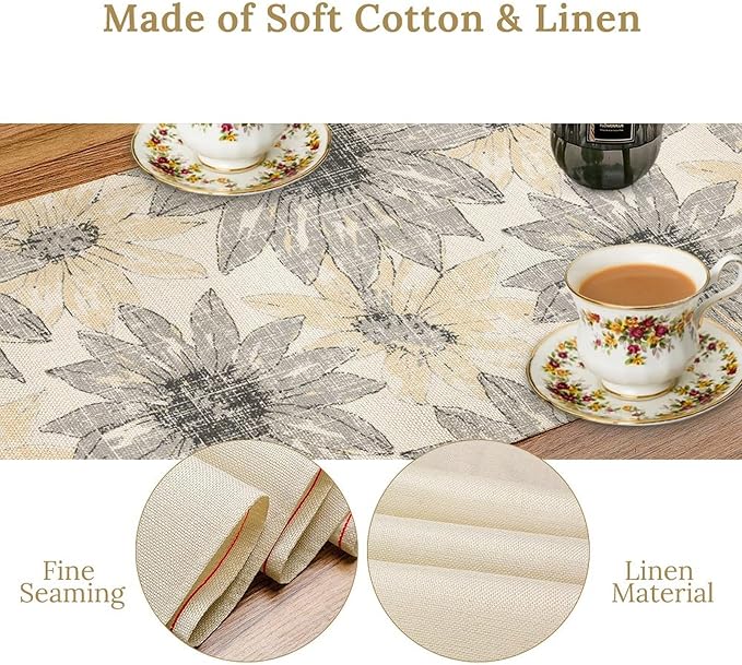 Chrysanthemum Vintage Floral Table Runner, Elegant Grunge Green Sunflower Spring Summer Elegant Pattern Artichokes Flower Table Runner for Party Kitchen Dining Living Room Decor, 13x90 Inch
