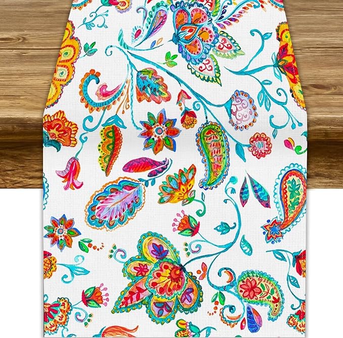 Paisley Table Runner, Watercolor Floral Oriental Indian Traditional Tulips Leaves Bohemian Paisley Print Table Runner for Kitchen Dining Tables Party Decor, 13x36inch