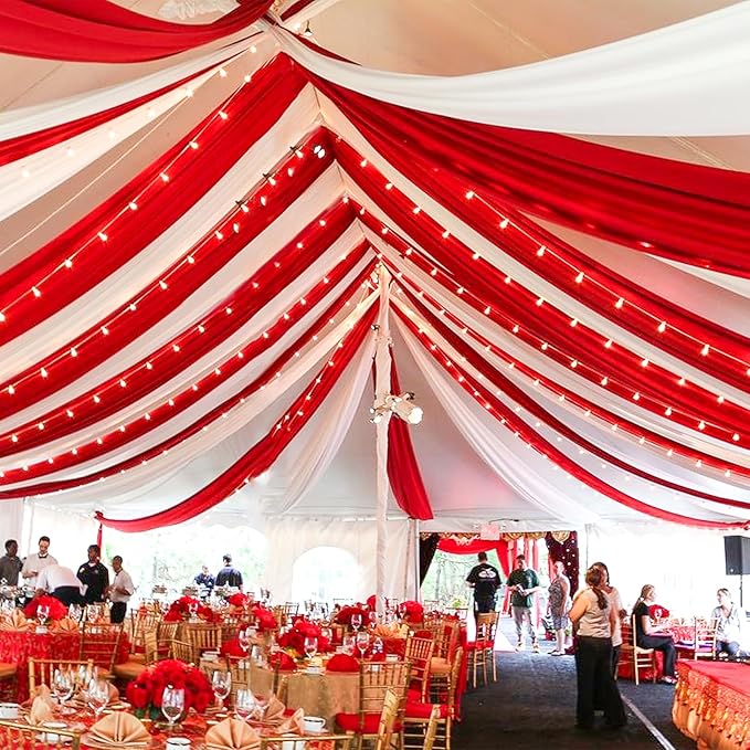 6 Panels Red Ceiling Drapes for Wedding 5ftx20ft Chiffon Fabric Arch Draping Curtains Sheer Drapery for Party Ceremony Birthday Baby Shower Reception Stage Swag Ceiling Decorations