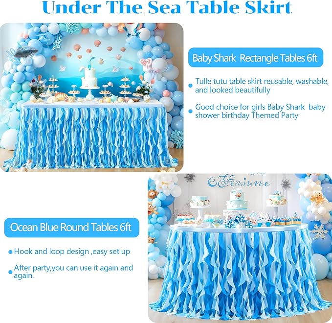 PARTISKY Ocean Blue Tulle Tutu Ruffle Curly Willow Table Skirt for Rectangle Table 6ft,Under The Sea Baby Shark Themed Table Cloth for Boys Girls Birthday Party or Baby Shower