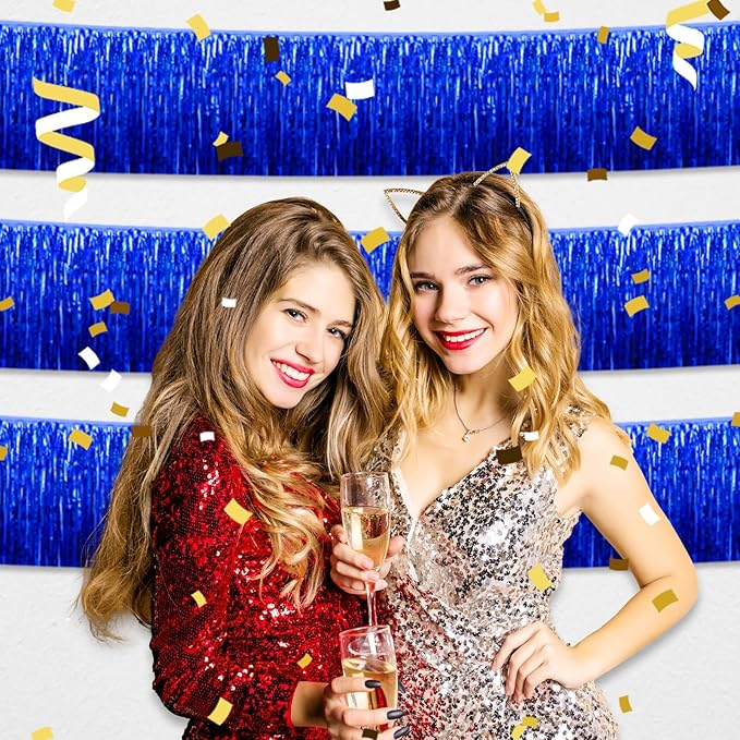 3 Pack 10 Long Blue Metallic Foil Fringe Garland Wall Hanging Tassle Banner, Mother's Day, Easter, Parade Floats, Birthday, Theme Party, Wedding Party Decorations