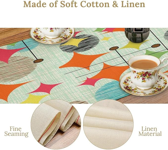 Mid Century Table Runner,Abstract Retro Modern Geometric Colorful Stripe Pattern Print Tablecloth Burlap for Hotel Indoors Outdoor Dining Room Kitchen Holiday Party, 13x60in